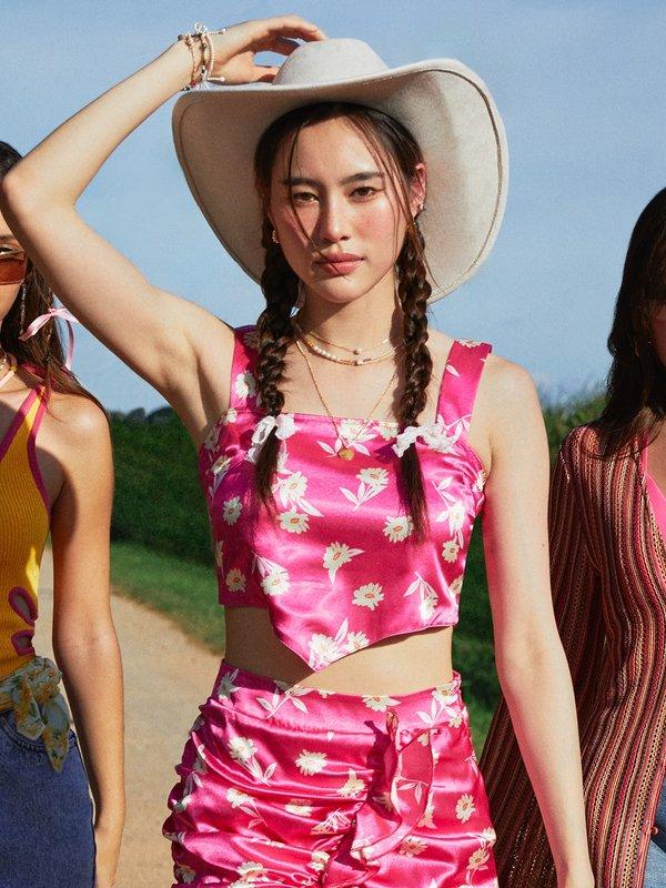 pomelo Pomelo Floral Print Cami Crop Top - Fuchsia