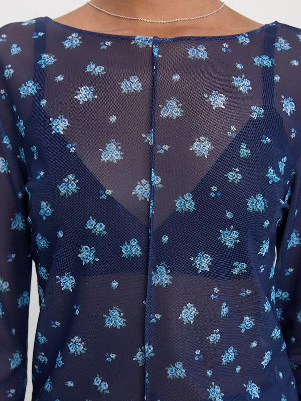 Pomelo Pomelo Floral Sheer Mesh Blouse - Navy