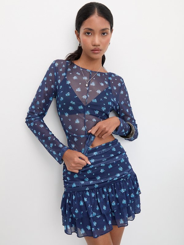 Pomelo Pomelo Floral Sheer Mesh Blouse - Navy