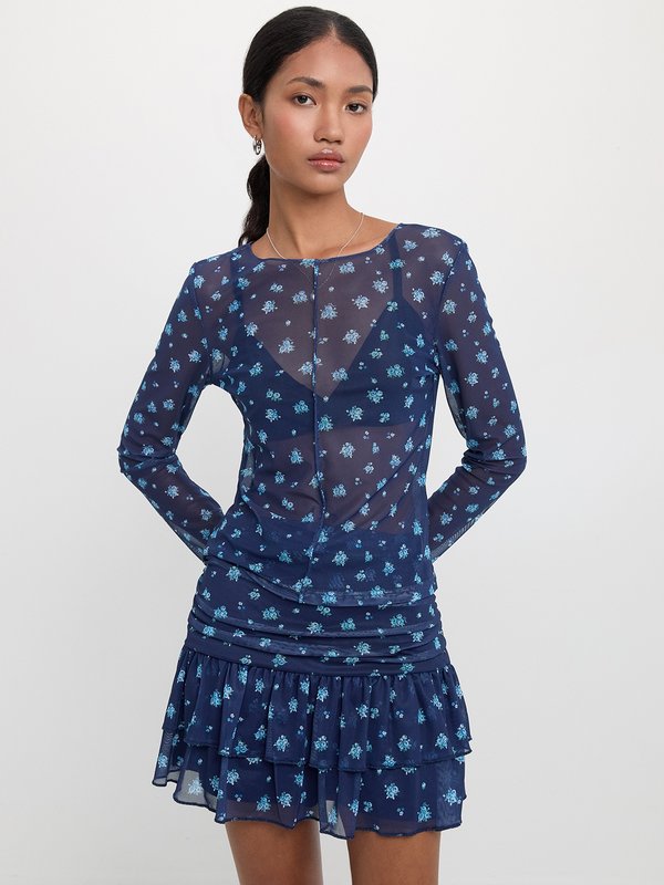 pomelo Pomelo Floral Sheer Mesh Blouse - Navy