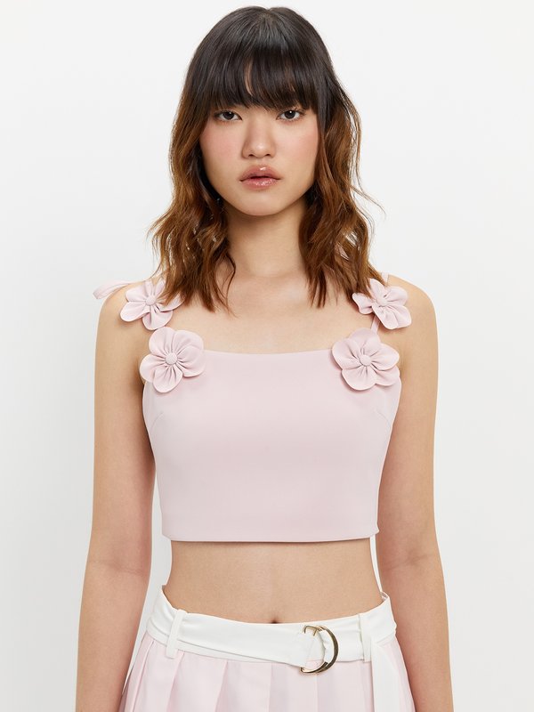 Pomelo Pomelo Floral Shoulder Tie Crop Top - Pink