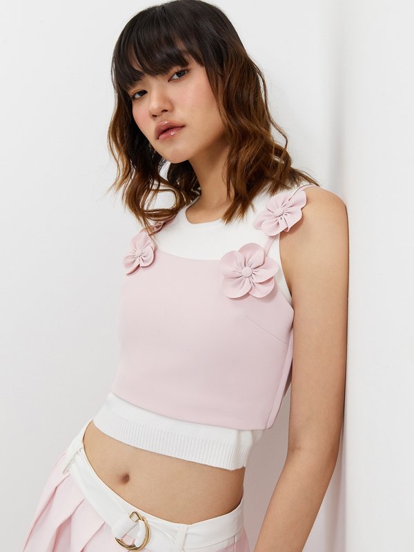 Pomelo Pomelo Floral Shoulder Tie Crop Top - Pink