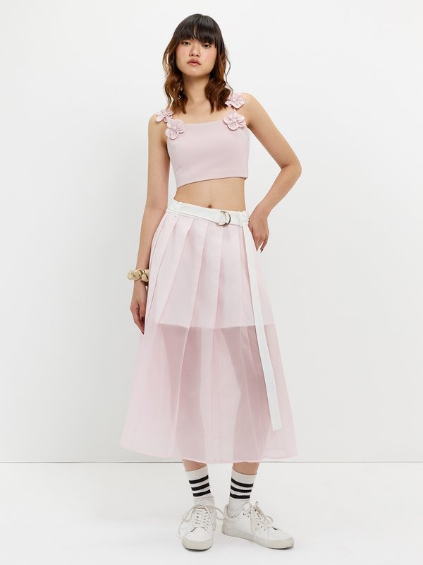 pomelo Pomelo Floral Shoulder Tie Crop Top - Pink