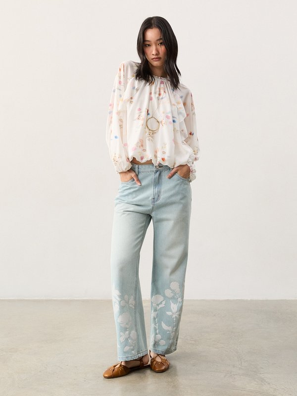Pomelo Pomelo Floral Wide Leg Jeans - Light Blue
