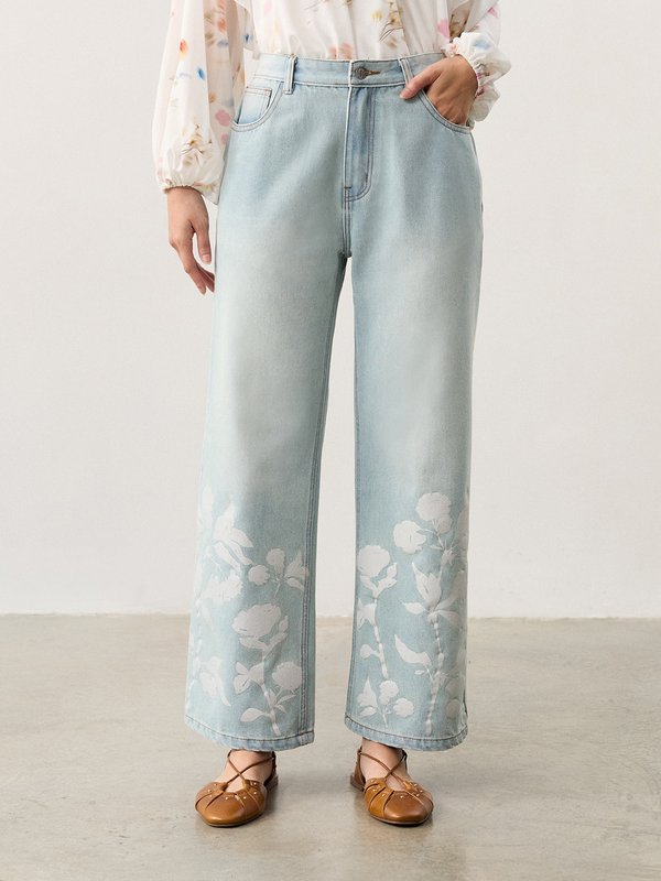 pomelo Pomelo Floral Wide Leg Jeans - Light Blue
