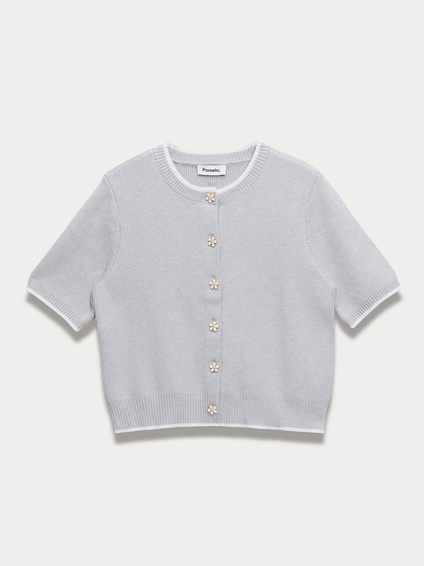 pomelo Pomelo Flower Button Knit Top - Light Grey