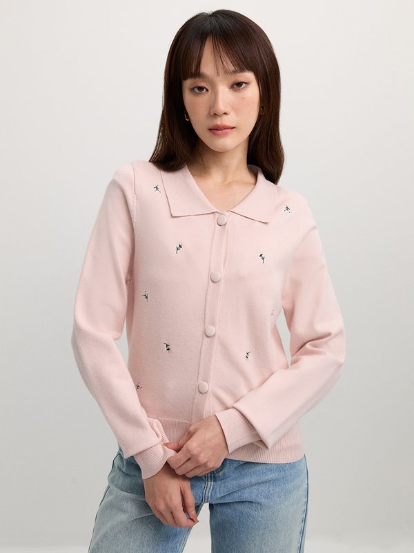 Pomelo Pomelo Flower Embroidery Cardigan - Pink
