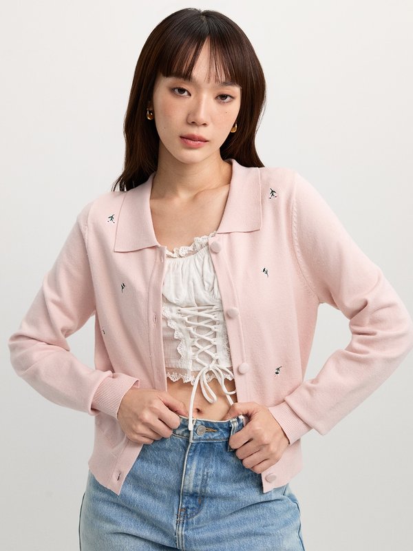 pomelo Pomelo Flower Embroidery Cardigan - Pink