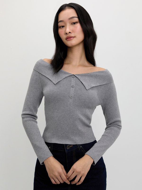 pomelo Pomelo Folded Collar Button Top - Light Grey