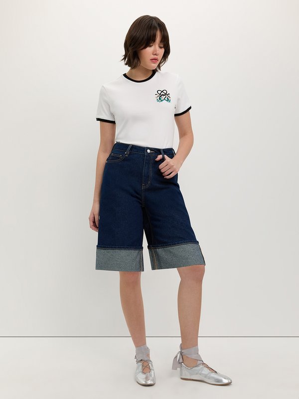 Pomelo Pomelo Folded Hem Denim Shorts - Dark Blue