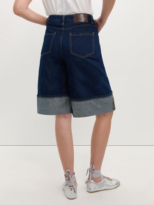 Pomelo Pomelo Folded Hem Denim Shorts - Dark Blue