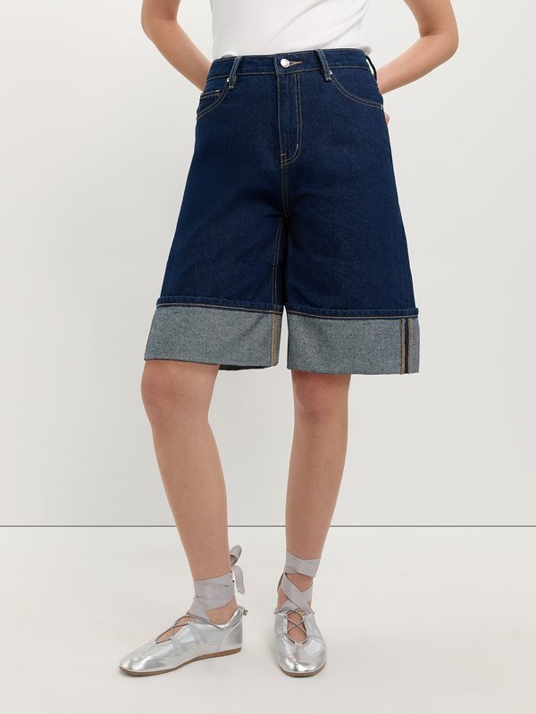 pomelo Pomelo Folded Hem Denim Shorts - Dark Blue