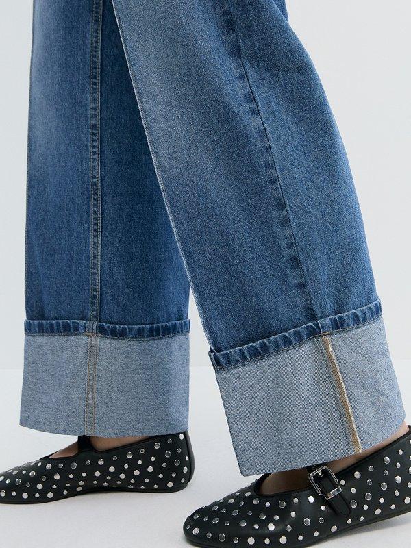 Pomelo Pomelo Folded Hem Wide Leg Jeans - Blue