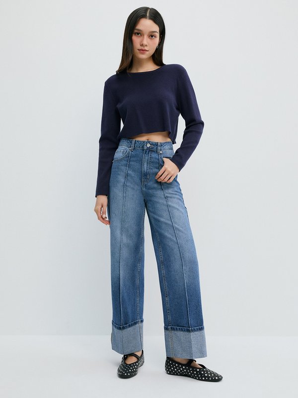Pomelo Pomelo Folded Hem Wide Leg Jeans - Blue