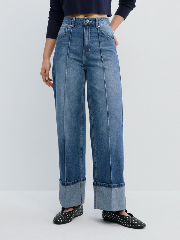 pomelo Pomelo Folded Hem Wide Leg Jeans - Blue