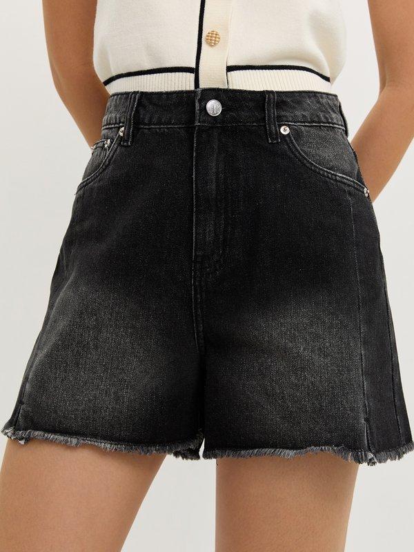 pomelo Pomelo Frayed Denim Shorts - Black