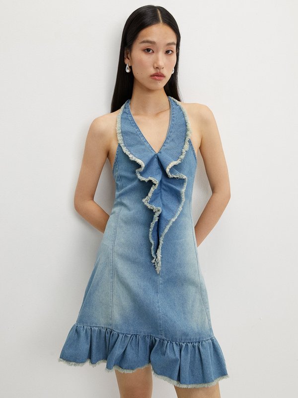 pomelo Pomelo Frayed Halter Dress - Blue