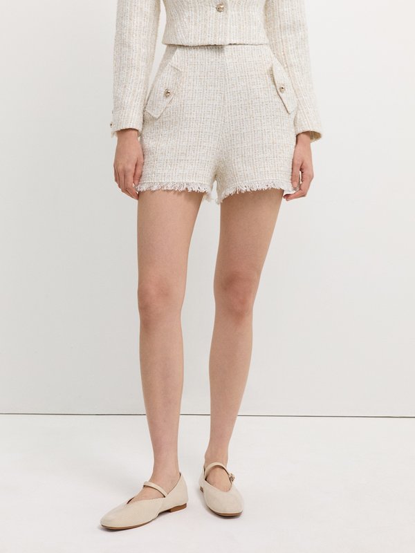 Pomelo Pomelo Frayed Hem Tweed Shorts - Ivory