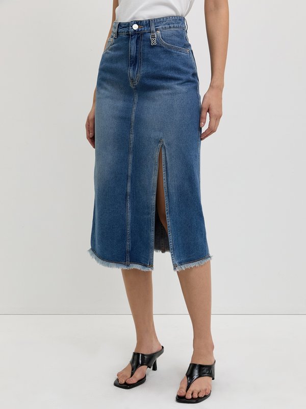 pomelo Pomelo Frayed Side Slit Denim Skirt - Blue