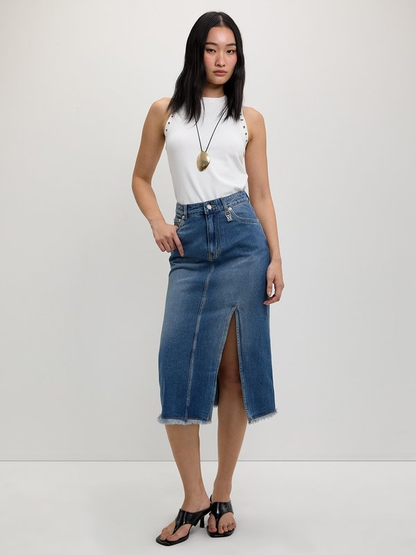 Pomelo Pomelo Frayed Side Slit Denim Skirt - Blue