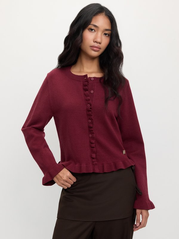 Pomelo Pomelo Frill Trim Cardigan - Burgundy