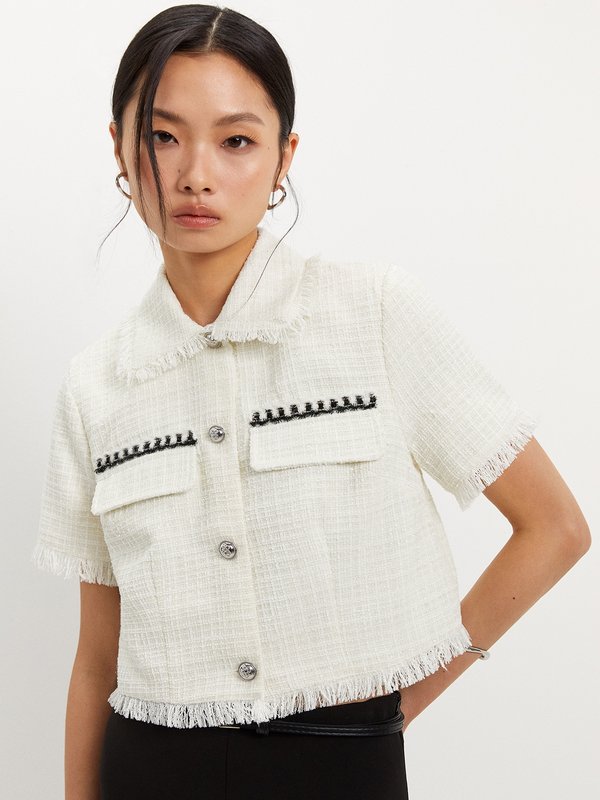pomelo Pomelo Fringe Tweed Blouse - White