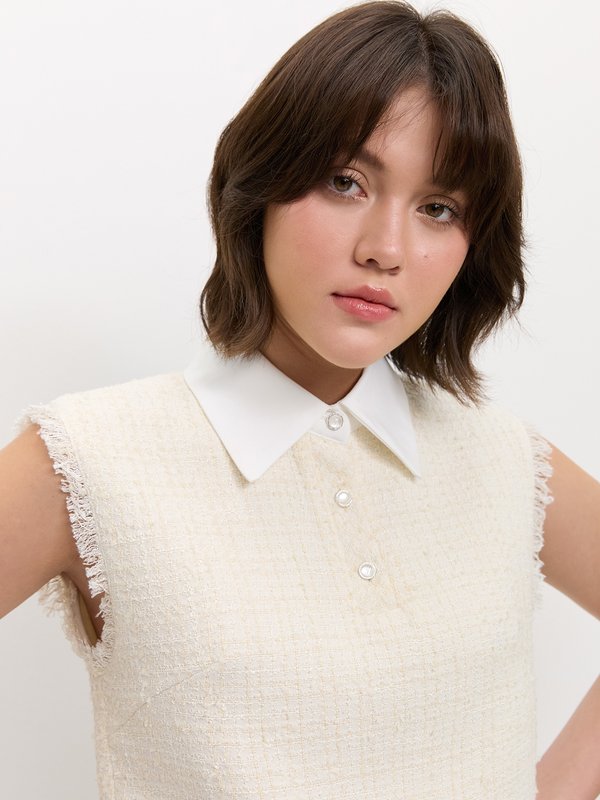 Pomelo Pomelo Fringe Tweed Crop Top - Ivory