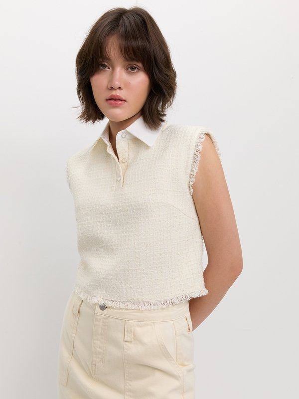 pomelo Pomelo Fringe Tweed Crop Top - Ivory