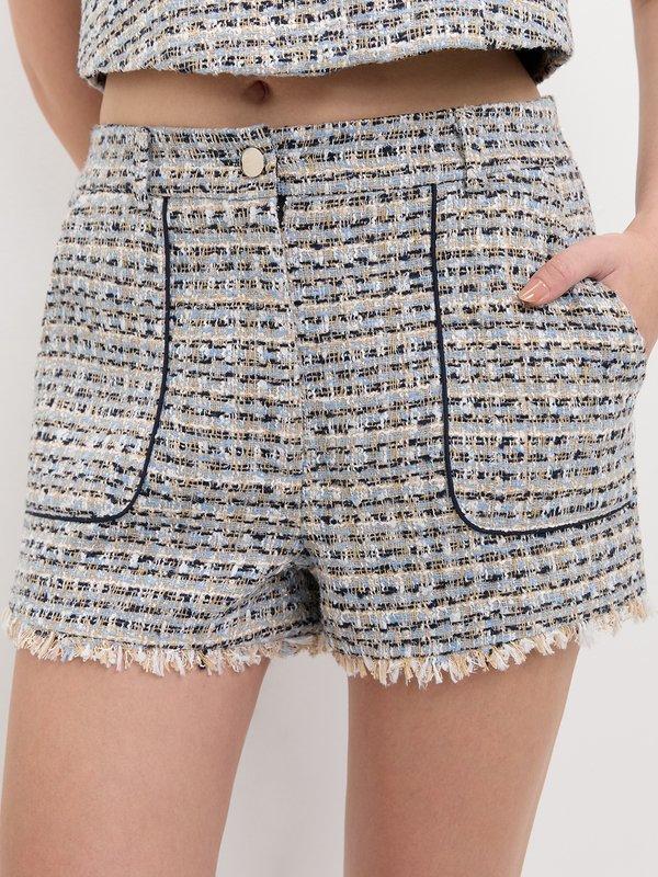 pomelo Pomelo Fringe Tweed Shorts - Navy