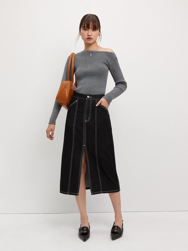 Pomelo Pomelo Front Slit Denim Skirt - Black