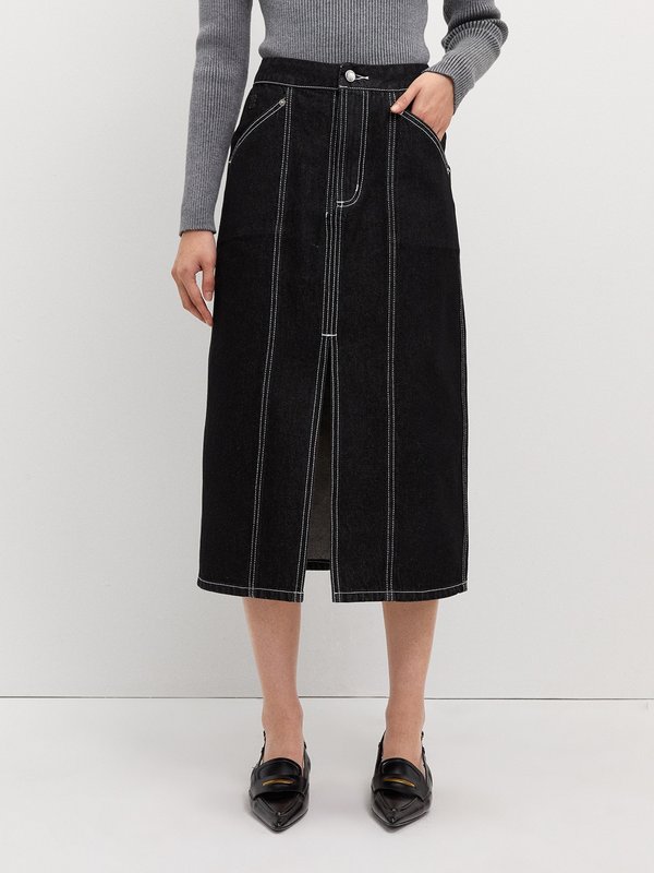 pomelo Pomelo Front Slit Denim Skirt - Black