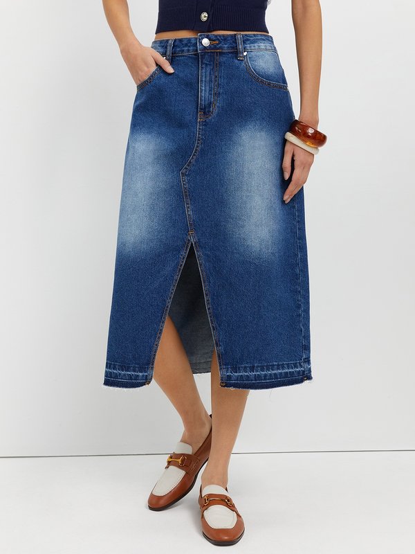 pomelo Pomelo Front Slit Denim Skirt - Blue