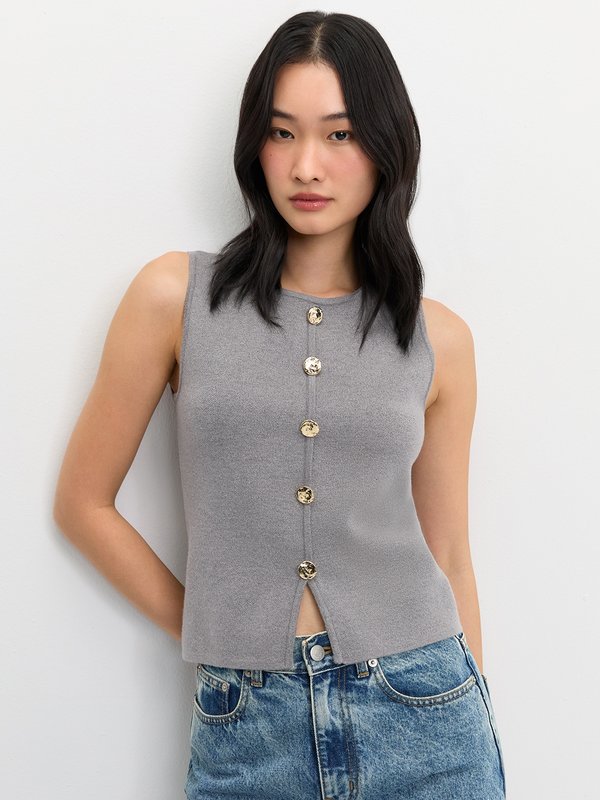 Pomelo Pomelo Front Slit Knit Top - Mid Grey