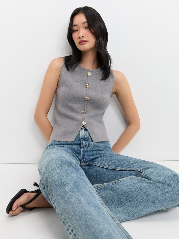 pomelo Pomelo Front Slit Knit Top - Mid Grey