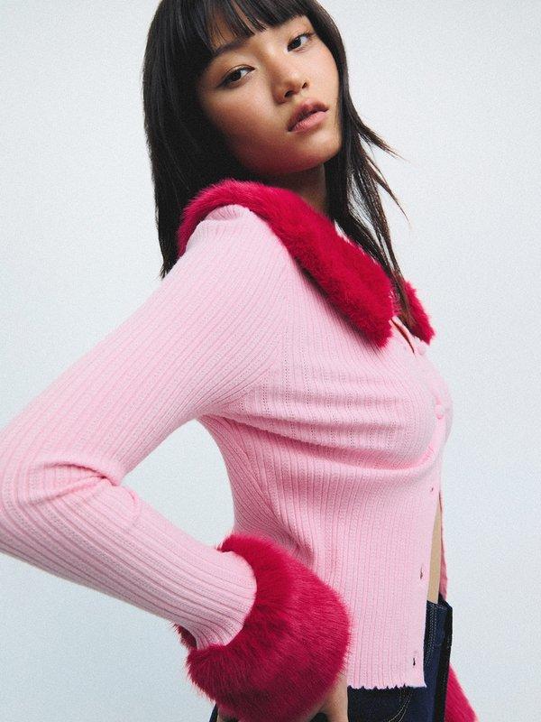 Pomelo Pomelo Fur Cuffs Cardigan - Light Pink