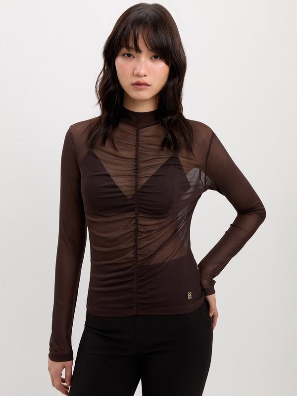 Pomelo Pomelo Gathered Mesh Blouse - Brown