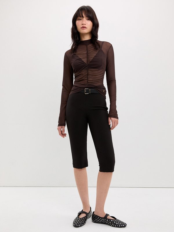 Pomelo Pomelo Gathered Mesh Blouse - Brown