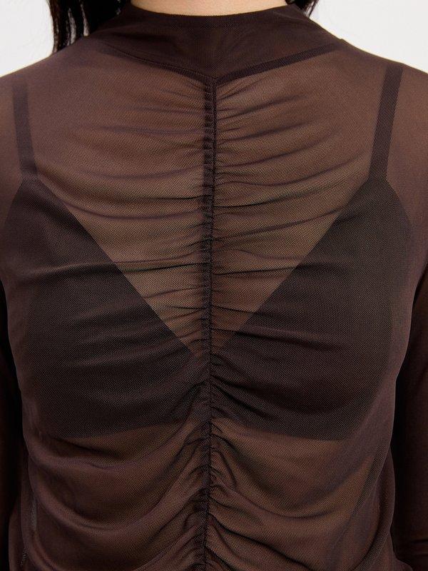 Pomelo Pomelo Gathered Mesh Blouse - Brown
