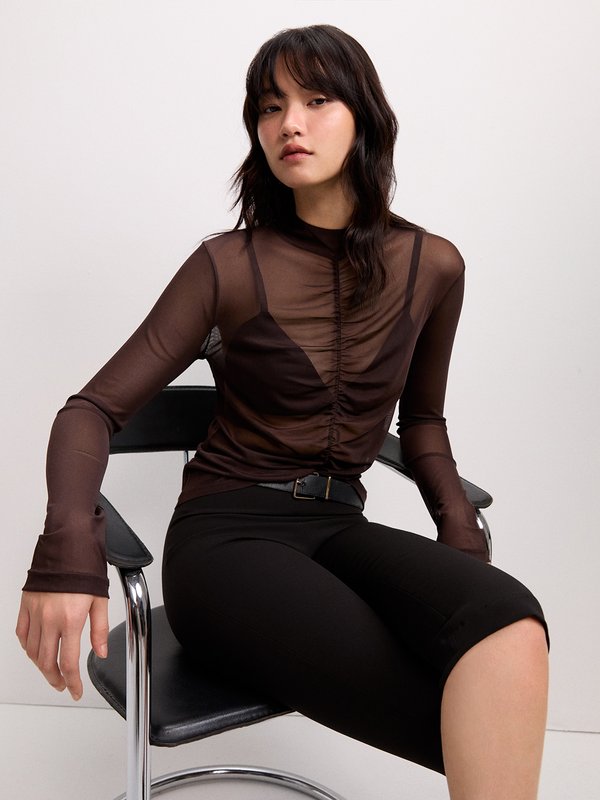 pomelo Pomelo Gathered Mesh Blouse - Brown