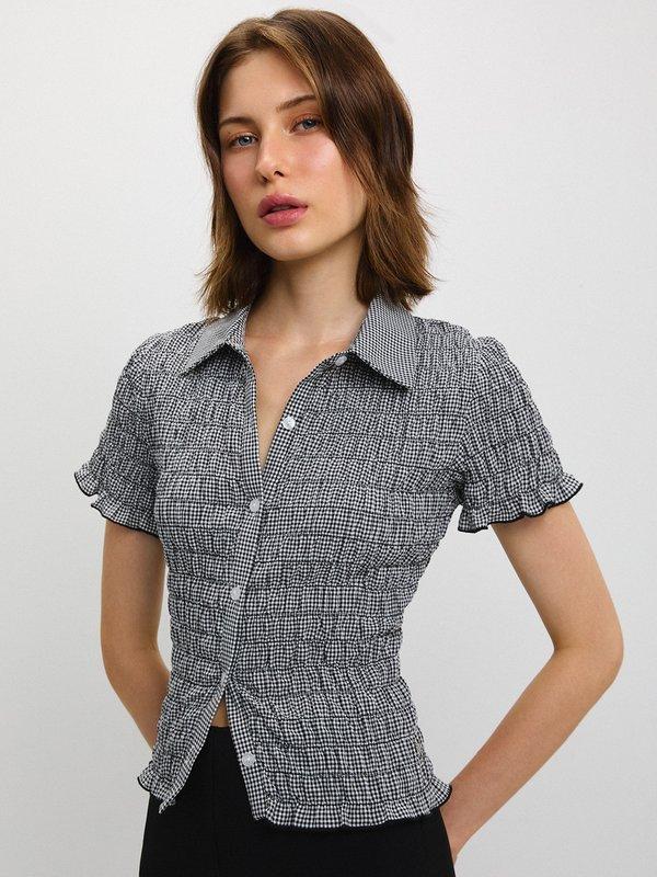 Pomelo Pomelo Gingham Shirred Blouse - Black