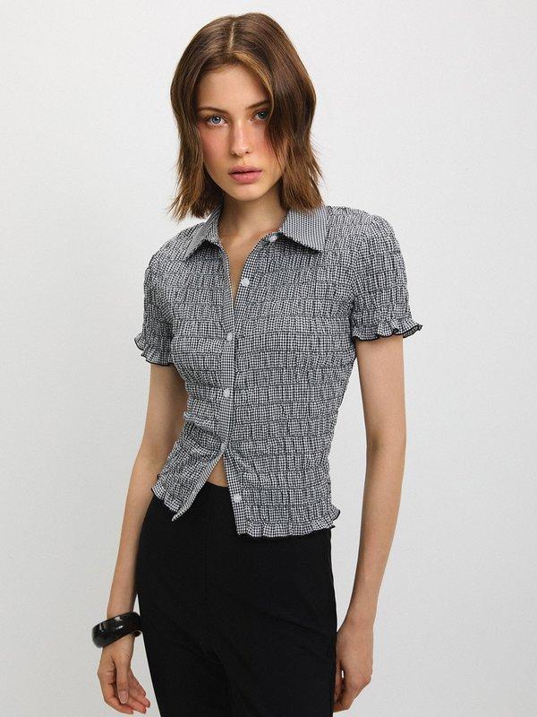 pomelo Pomelo Gingham Shirred Blouse - Black