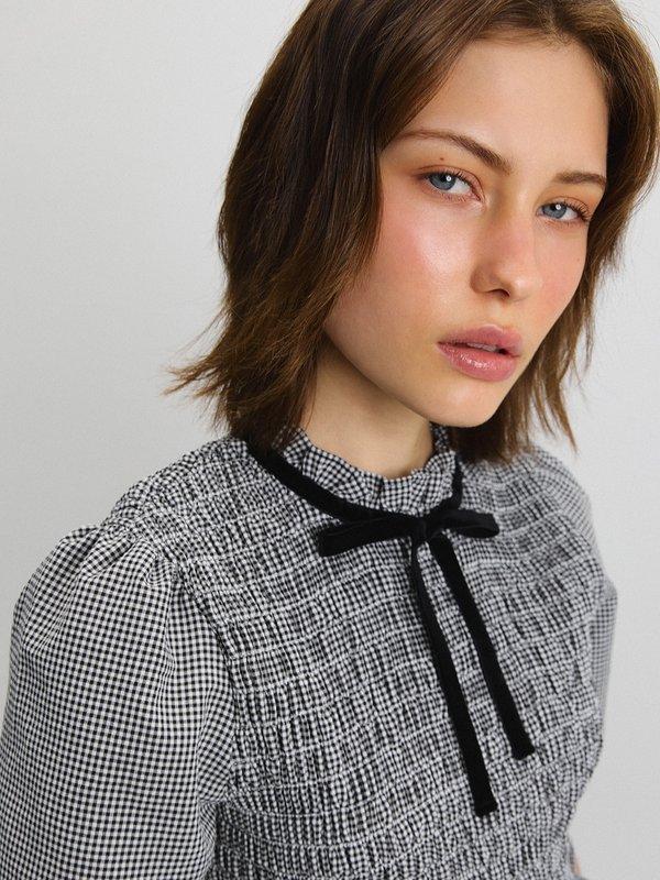 Pomelo Pomelo Gingham Smocked Dress With Bow - Black