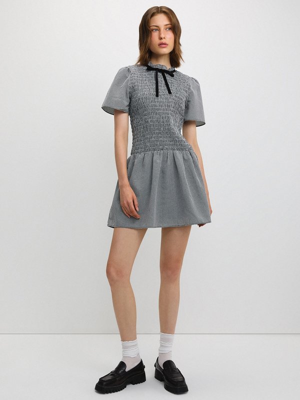 Pomelo Pomelo Gingham Smocked Dress With Bow - Black