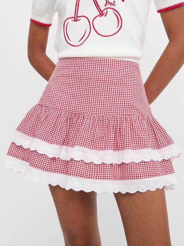 pomelo Pomelo Gingham Tiered Mini Skirt - Red