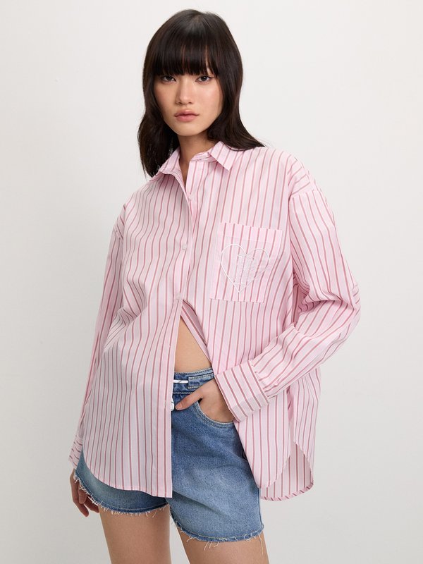 pomelo Pomelo Heart Embroidered Striped Shirt - Pink