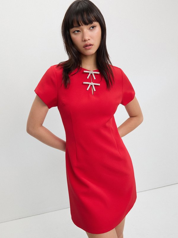 pomelo Pomelo Keyhole Bow Detail Mini Dress - Red