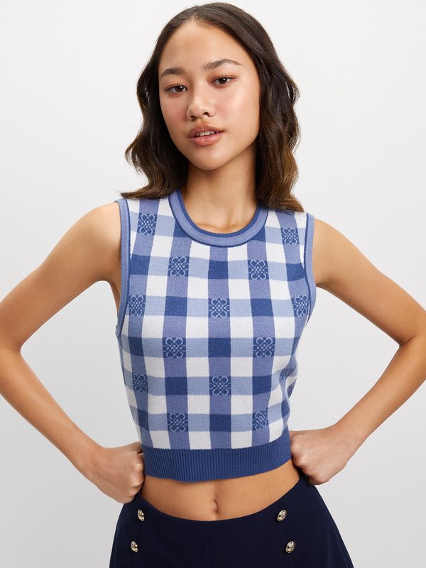 Pomelo Pomelo Knit Checkered Crop Top - Blue