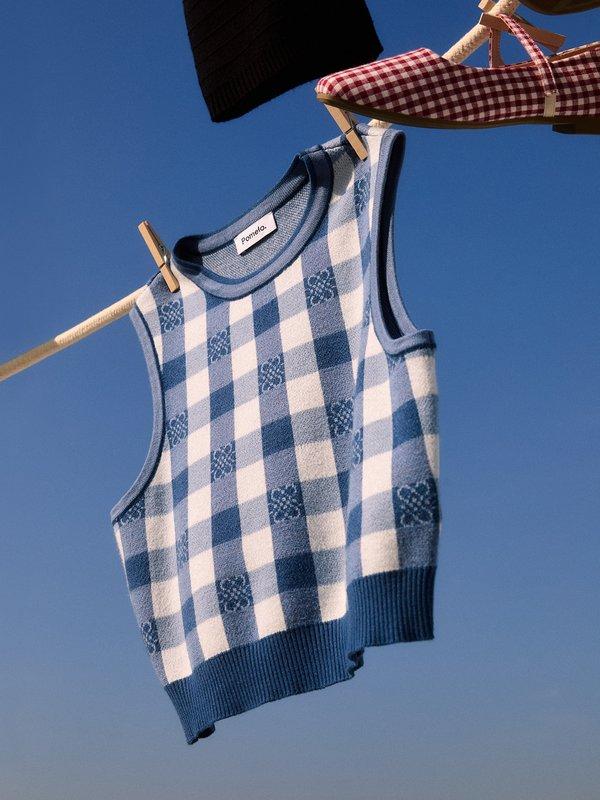 pomelo Pomelo Knit Checkered Crop Top - Blue