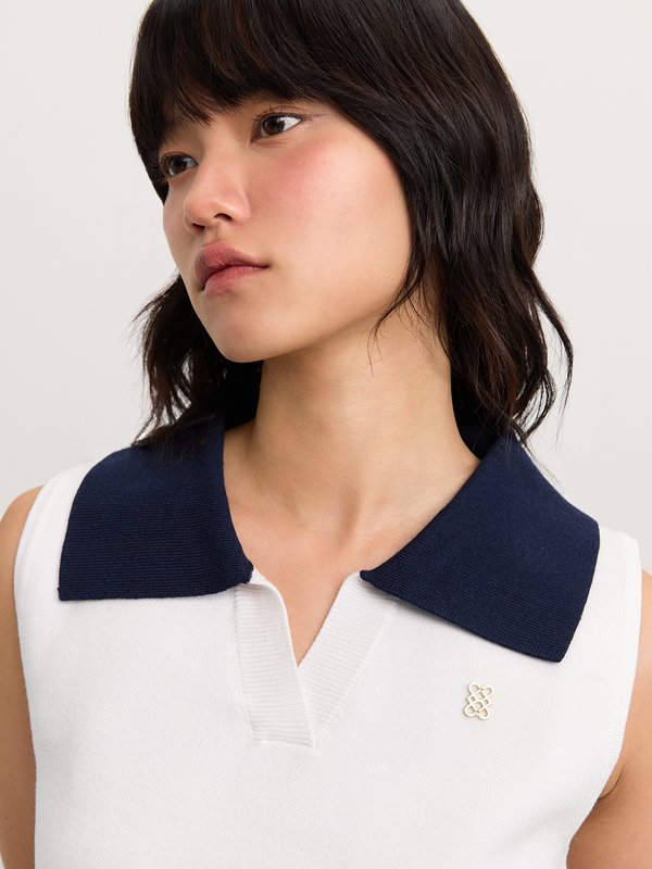 Pomelo Pomelo Knit Sleeveless Polo Top - Navy/White