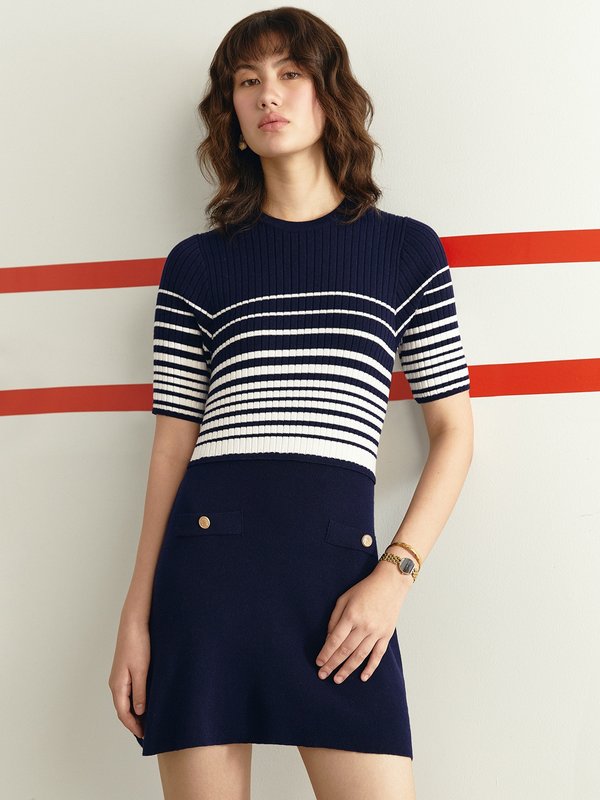 pomelo Pomelo Knitted Stripe Mini Dress - Navy/White